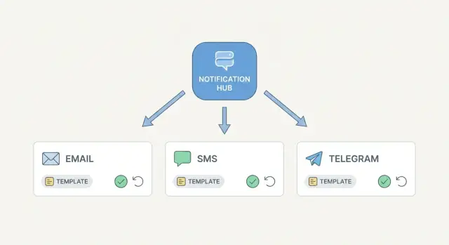 Multi-channel notification system: templates, retries, prefs