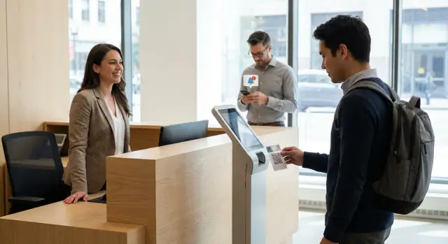 Visitor check-in app with QR badges: data model and flows