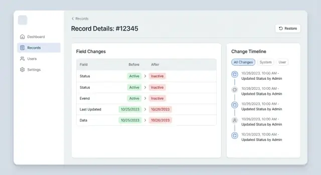Field-level change history UX for admin panel diffs
