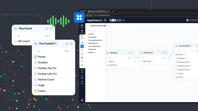 Play Sound and Fire Confetti blocks in AppMaster